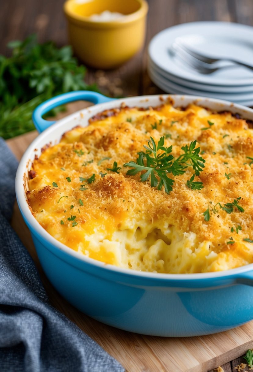 A bubbling casserole dish of cheesy mashed potato bake, topped with golden breadcrumbs and fresh herbs