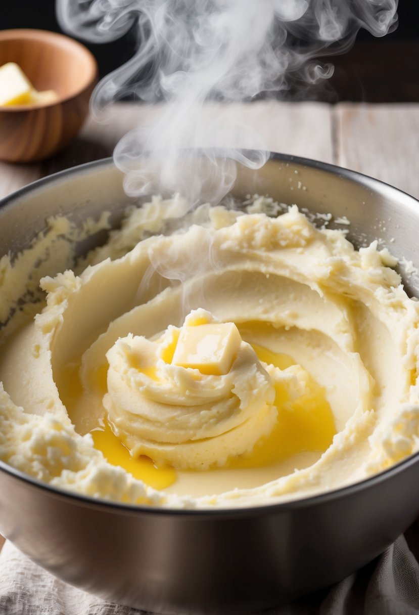 Creamy mashed potatoes being mixed in a large bowl with buttermilk and butter, steam rising from the fluffy white mixture