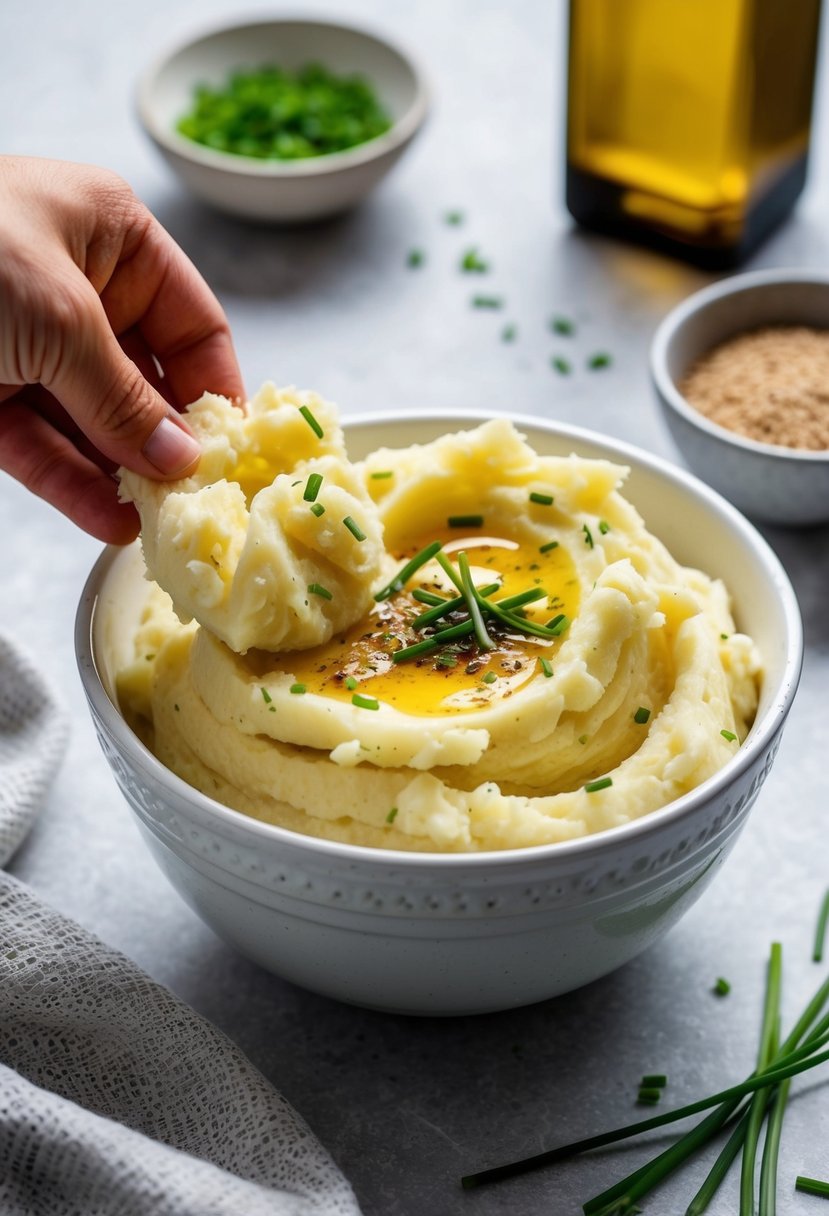 Creamy mashed potatoes being folded with truffle oil and chives in a white ceramic bowl