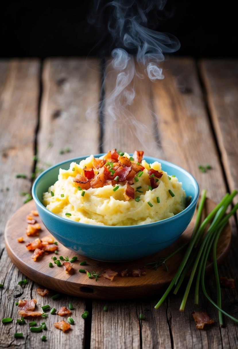 A rustic wooden table with a steaming bowl of bacon and chive mashed potatoes, surrounded by scattered chive sprigs and bacon bits