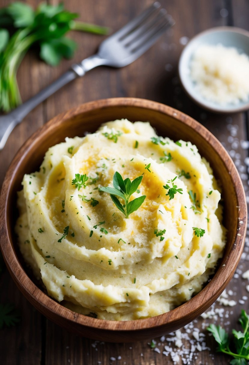 A rustic wooden bowl filled with creamy Parmesan herb mashed potatoes, garnished with fresh herbs and a sprinkle of grated cheese