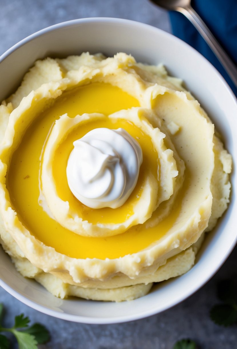 A bowl of creamy mashed potatoes topped with a dollop of sour cream