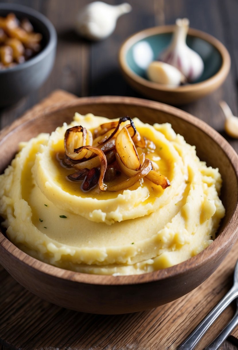 A rustic wooden bowl filled with creamy mashed potatoes topped with roasted garlic and caramelized onions