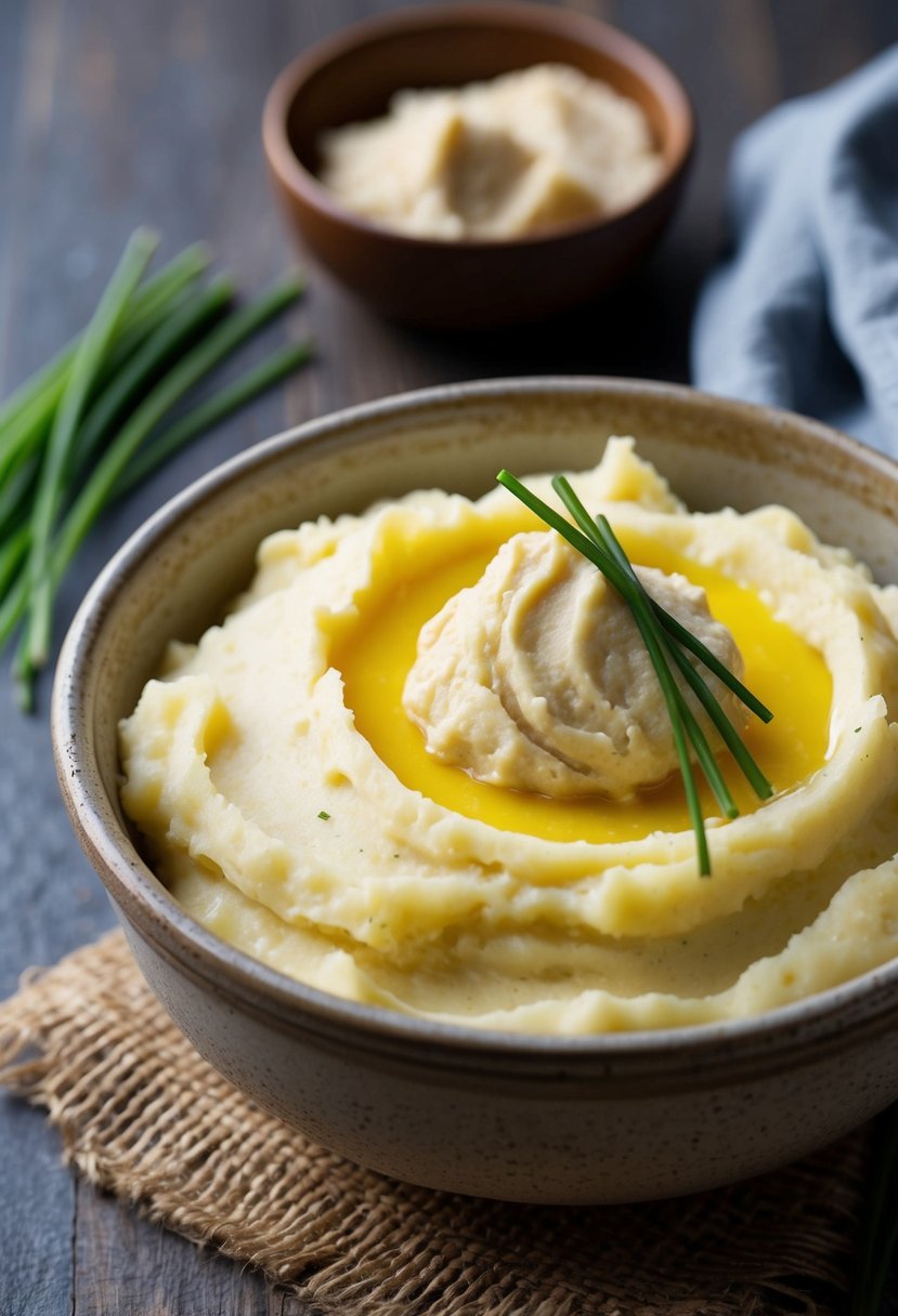 A bowl of creamy mashed potatoes with a dollop of horseradish, garnished with chives and served in a rustic ceramic dish