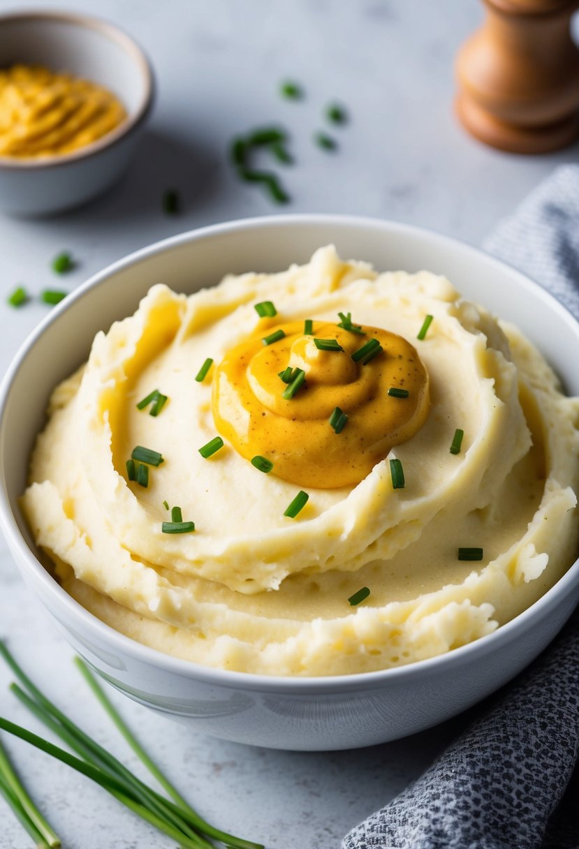 A bowl of creamy mashed potatoes with a dollop of Dijon mustard mixed in, garnished with a sprinkle of chopped chives