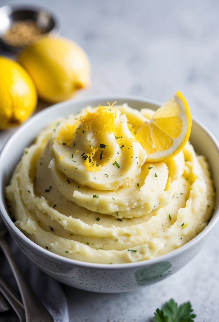 A bowl of creamy mashed potatoes with visible specks of herbs and a splash of vibrant lemon zest on top