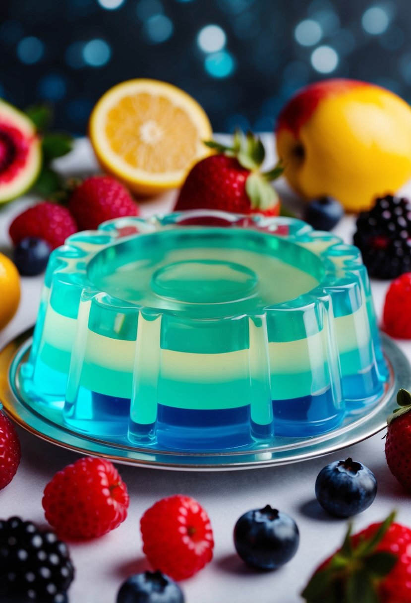 A colorful jello mold surrounded by various fruits and berries