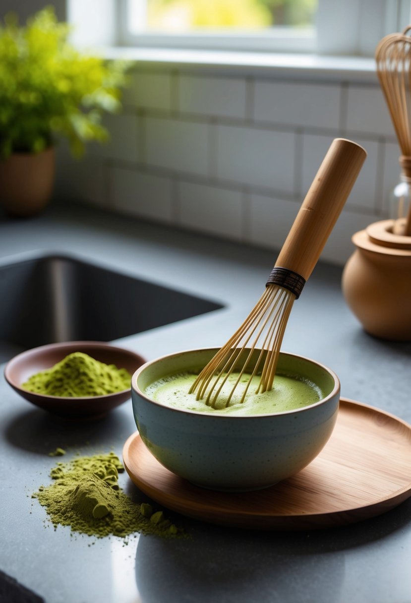 A serene kitchen counter with a bamboo whisk, matcha powder, and a ceramic bowl filled with frothy green matcha tea