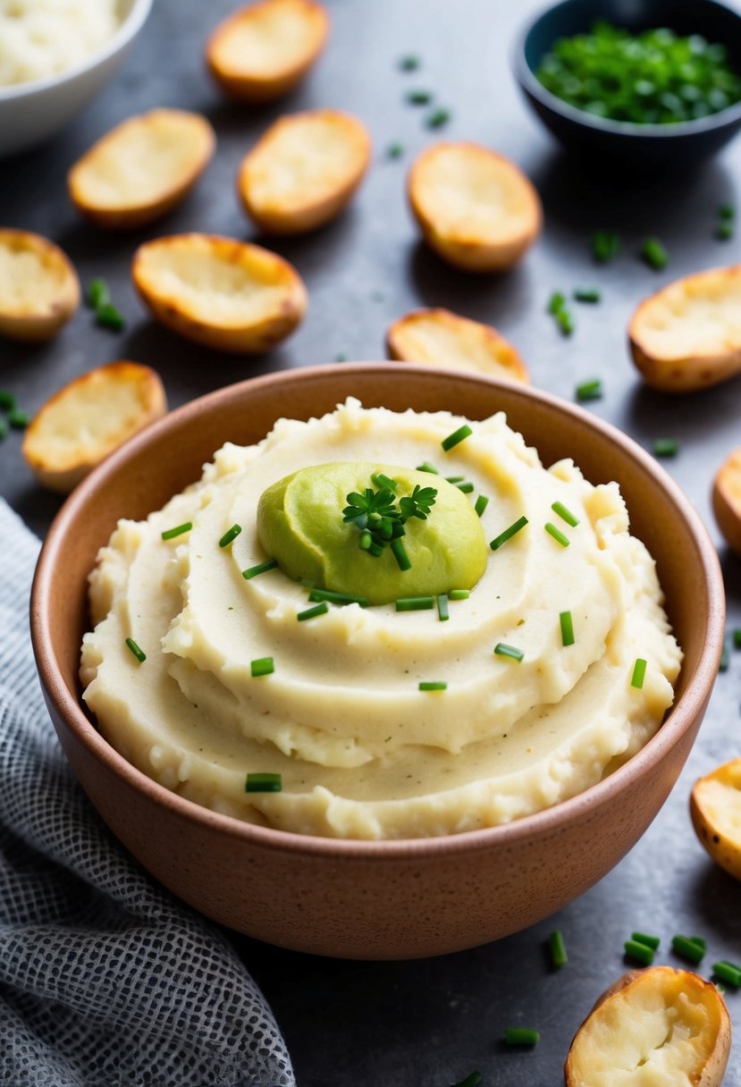 A bowl of creamy mashed potatoes with a dollop of wasabi, surrounded by scattered potato skins and a sprinkle of chopped chives