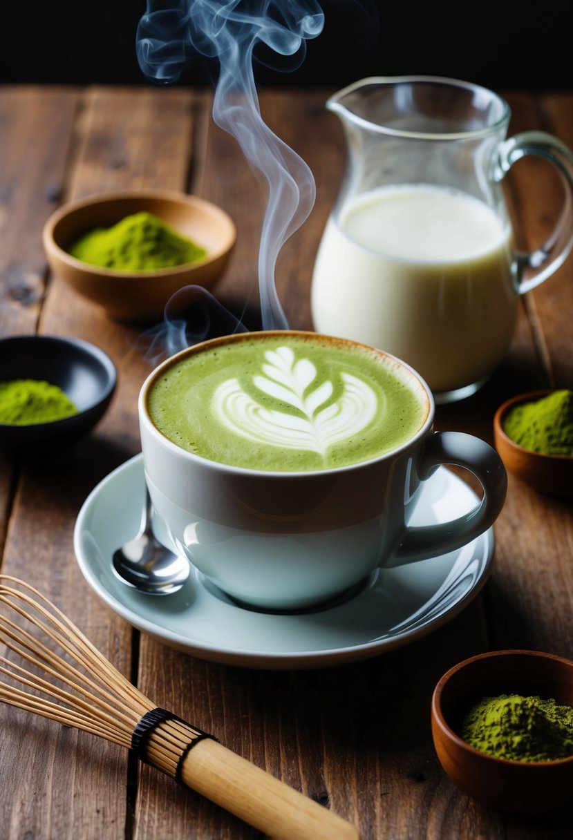 A steaming cup of matcha latte sits on a wooden table, surrounded by a bamboo whisk, a small bowl of matcha powder, and a jug of milk