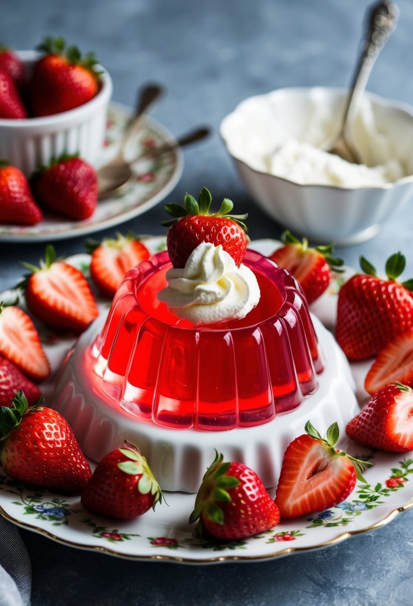 A classic strawberry jello mold sits on a vintage serving dish, surrounded by fresh strawberries and a dollop of whipped cream