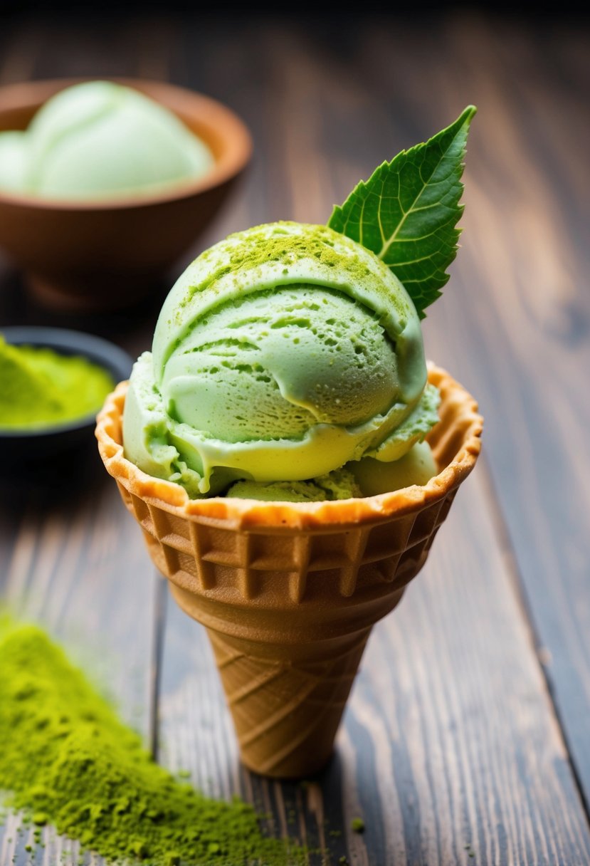 A scoop of vibrant green matcha ice cream sits in a waffle cone, garnished with a sprinkle of matcha powder and a delicate leaf