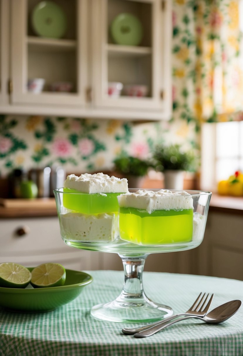 A glass mold filled with lime jello and cottage cheese, set in a vintage kitchen with floral wallpaper and a checkered tablecloth