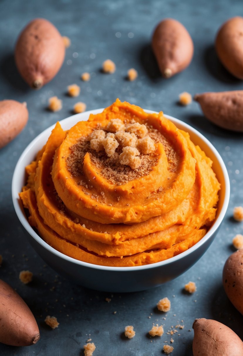 A bowl of mashed sweet potatoes topped with a sprinkling of brown sugar, surrounded by scattered whole sweet potatoes and a few loose sugar crystals