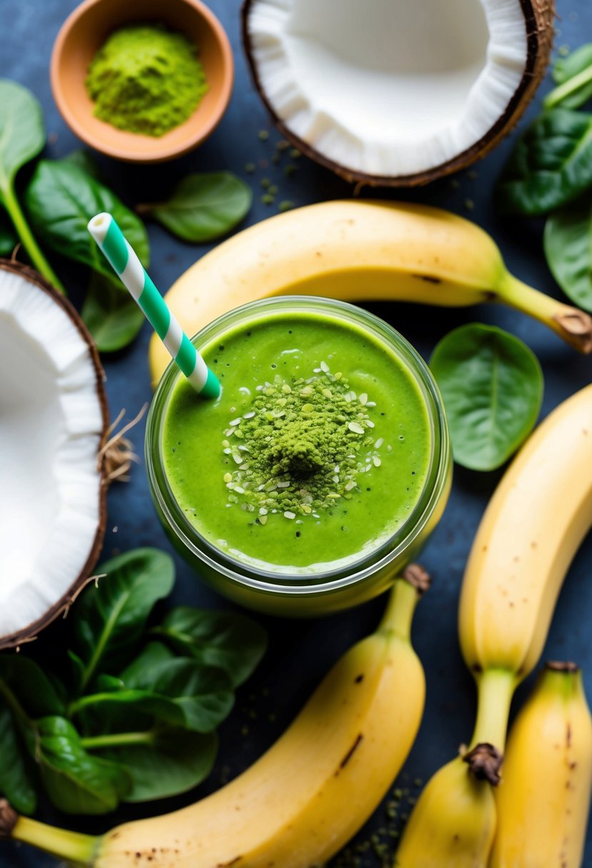 A vibrant green matcha smoothie surrounded by fresh ingredients like bananas, spinach, and coconut milk, with a sprinkle of matcha powder on top