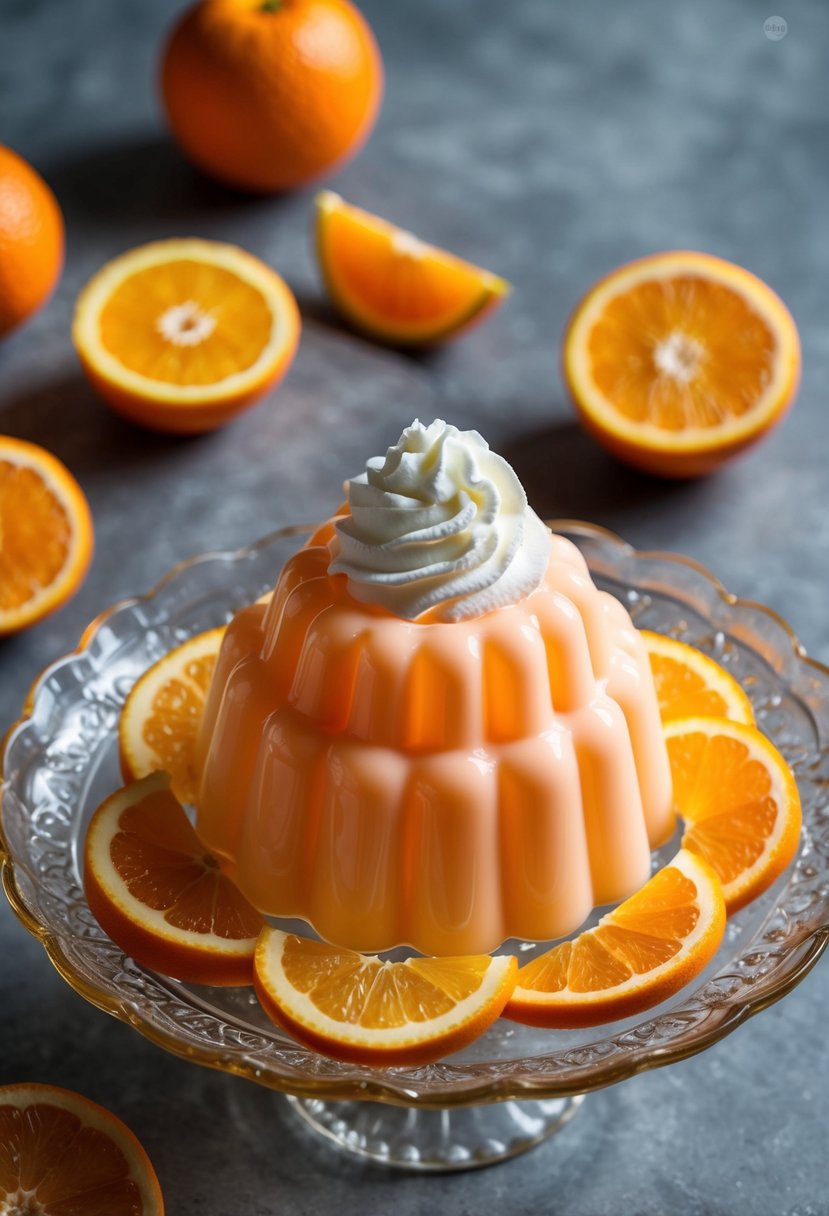 An orange creamsicle jello mold sits on a vintage glass platter, surrounded by slices of fresh oranges and topped with a dollop of whipped cream