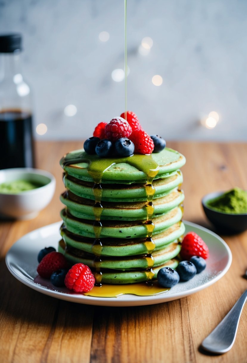 A stack of green matcha pancakes topped with syrup and fresh berries on a white plate, with a small bowl of matcha powder on the side