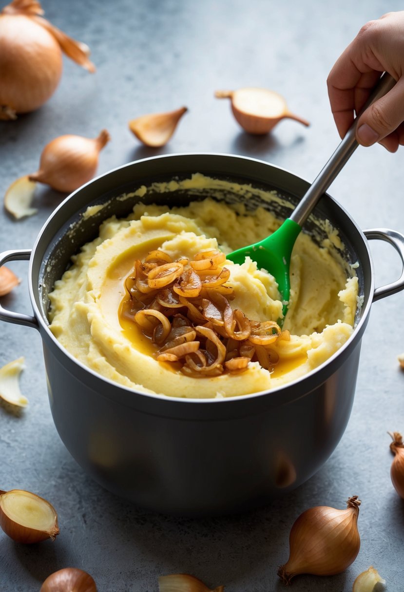 A pot of creamy mashed potatoes with caramelized onions being mixed in, surrounded by a few scattered onion peels