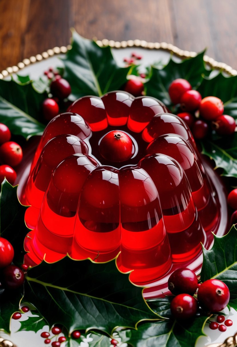 A festive Christmas Cranberry Jello Mold surrounded by holly leaves and berries on a decorative platter