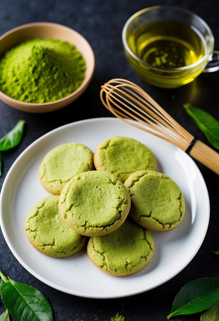 A plate of matcha cookies surrounded by green tea leaves and a bamboo whisk