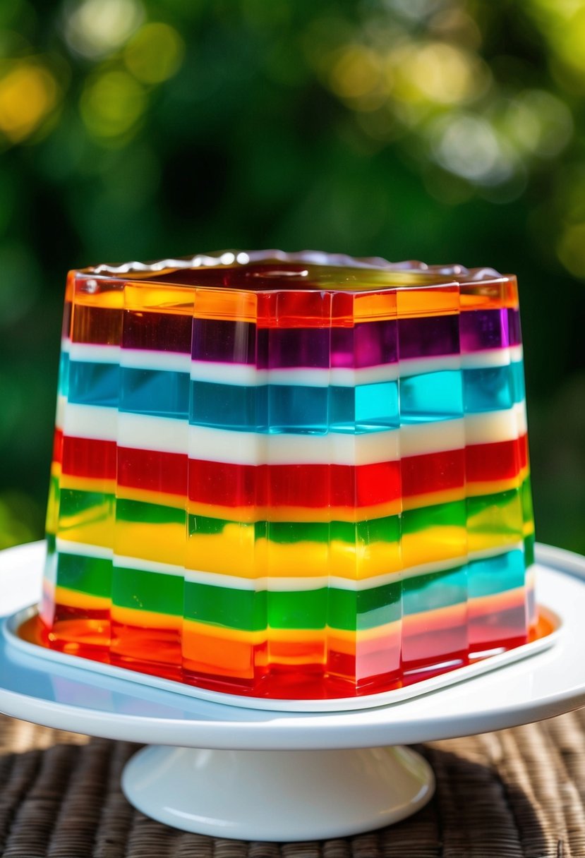 A colorful rainbow layered jello mold sits on a white serving platter, with each layer clearly defined and vibrant in color