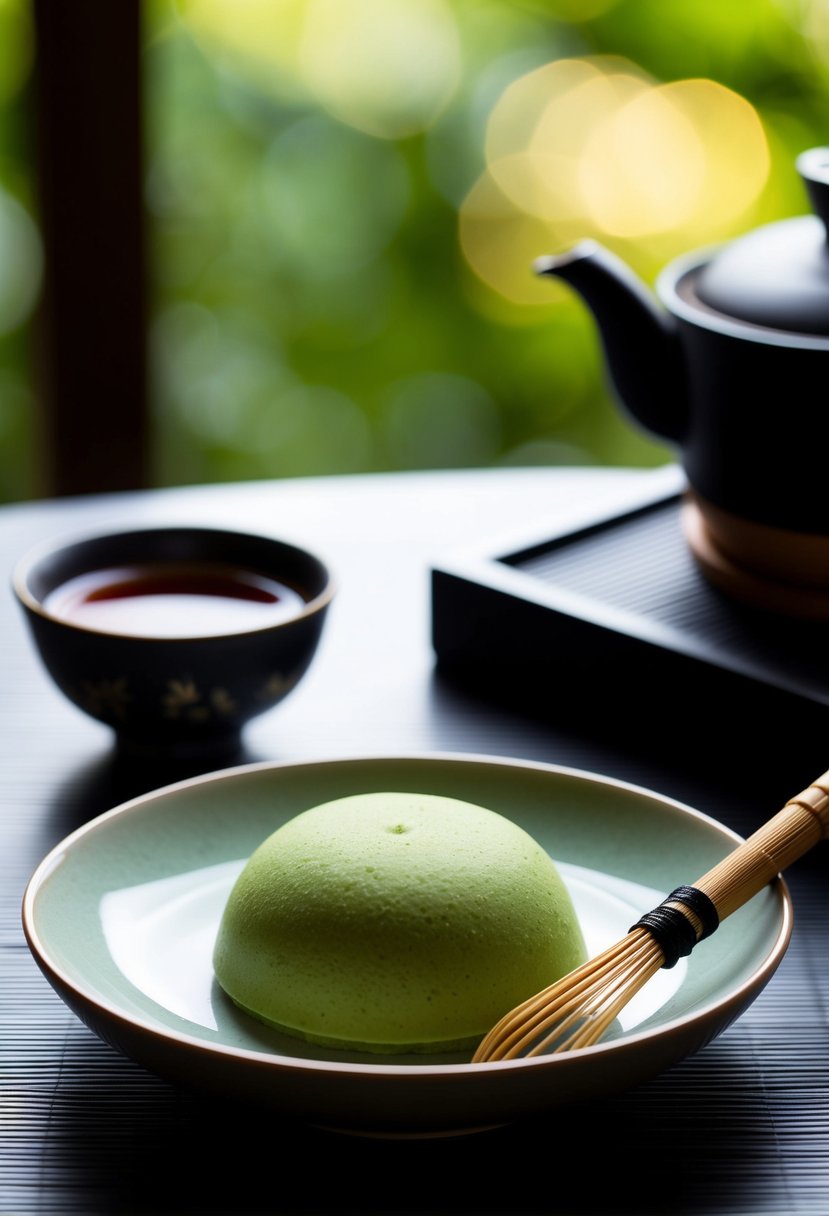 A serene tea ceremony setting with a plate of matcha mochi and a traditional bamboo whisk