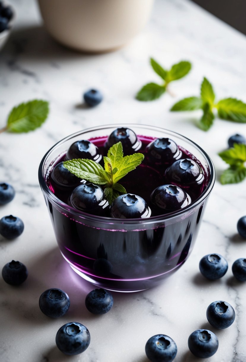 A glass mold filled with blueberry Jello, adorned with fresh blueberries and mint leaves, set on a white marble countertop