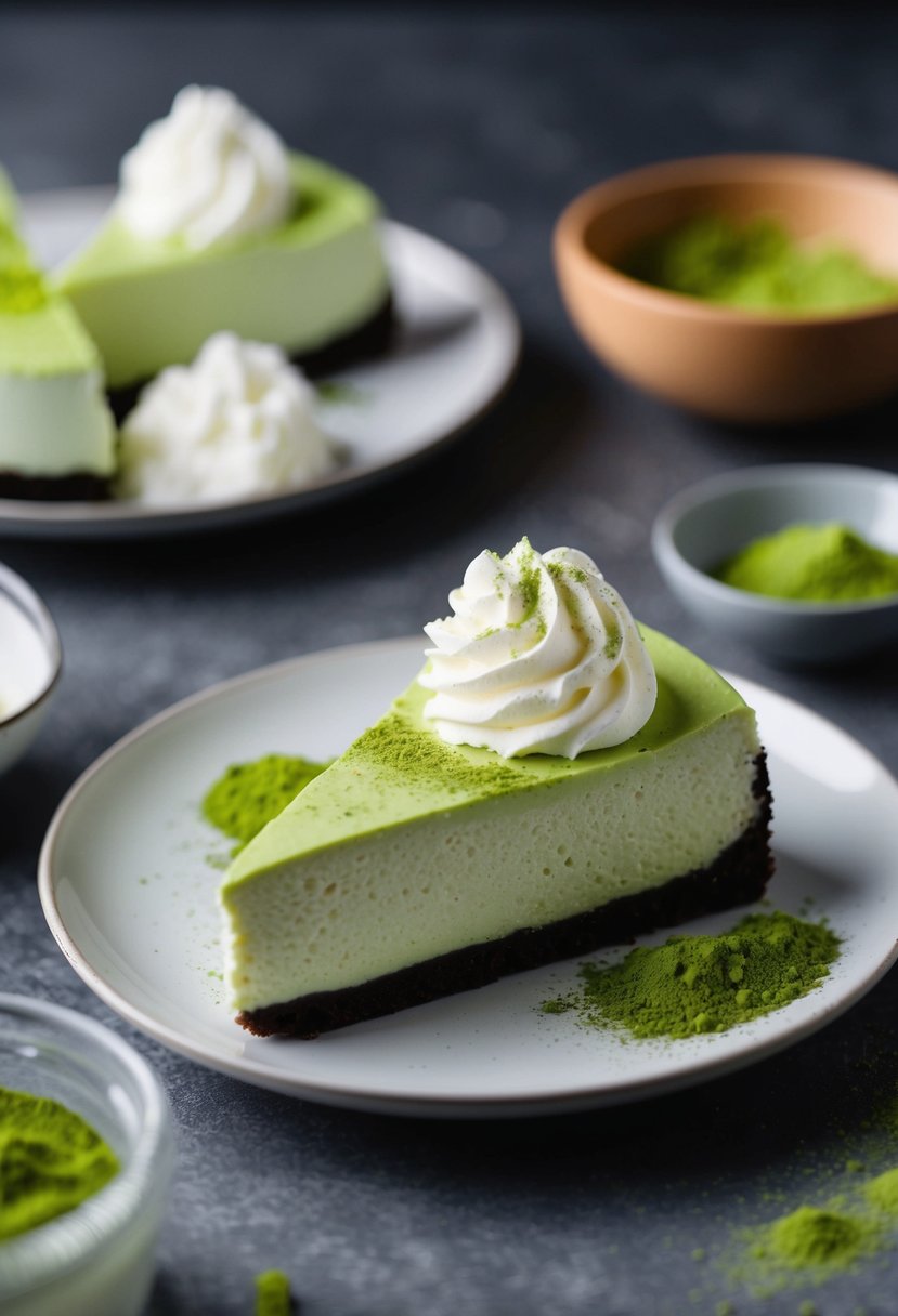 A slice of matcha cheesecake on a plate with a dollop of whipped cream and a sprinkle of matcha powder on top