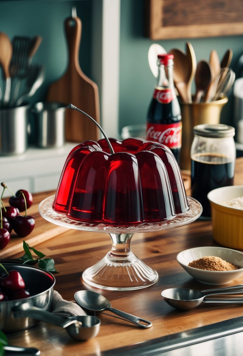 A vintage Cherry Coke Jello Mold sits on a retro kitchen counter, surrounded by ingredients and utensils