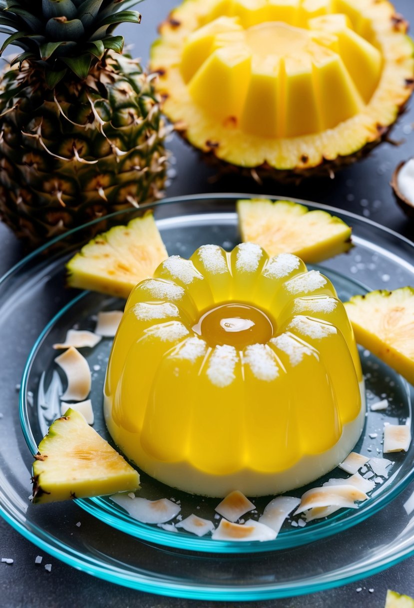 A pineapple coconut jello mold sits on a glass plate, surrounded by fresh pineapple slices and coconut shavings