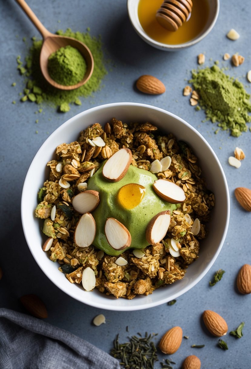 A bowl of matcha granola topped with sliced almonds and a drizzle of honey, surrounded by scattered matcha powder and loose green tea leaves