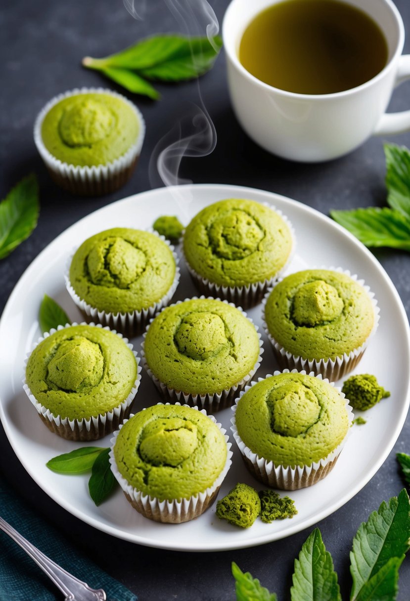 A plate of matcha muffins surrounded by fresh matcha leaves and a steaming cup of green tea