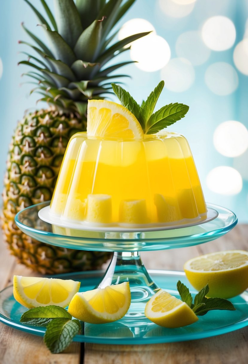 A vibrant lemon pineapple jello mold sits on a glass pedestal, adorned with fresh fruit slices and mint leaves