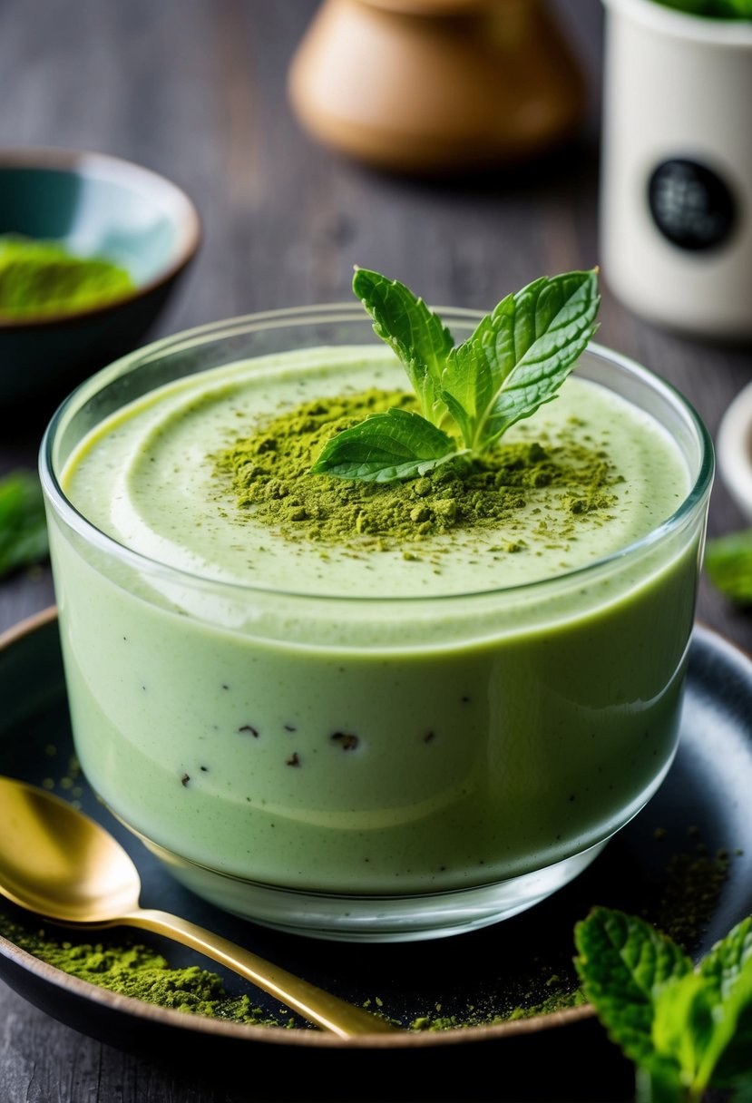 A bowl of creamy matcha pudding topped with a sprinkle of matcha powder and garnished with a fresh mint leaf