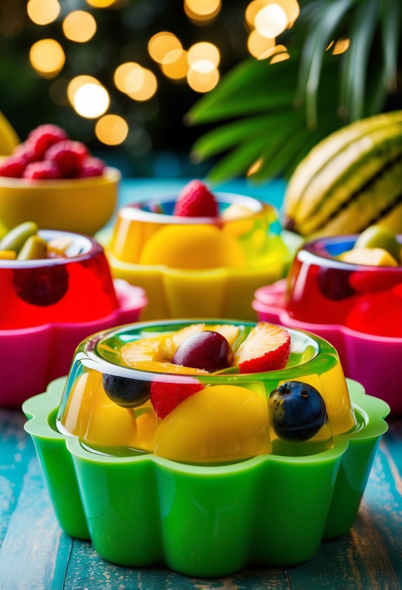 A colorful jello mold filled with tropical fruits and set in a decorative mold