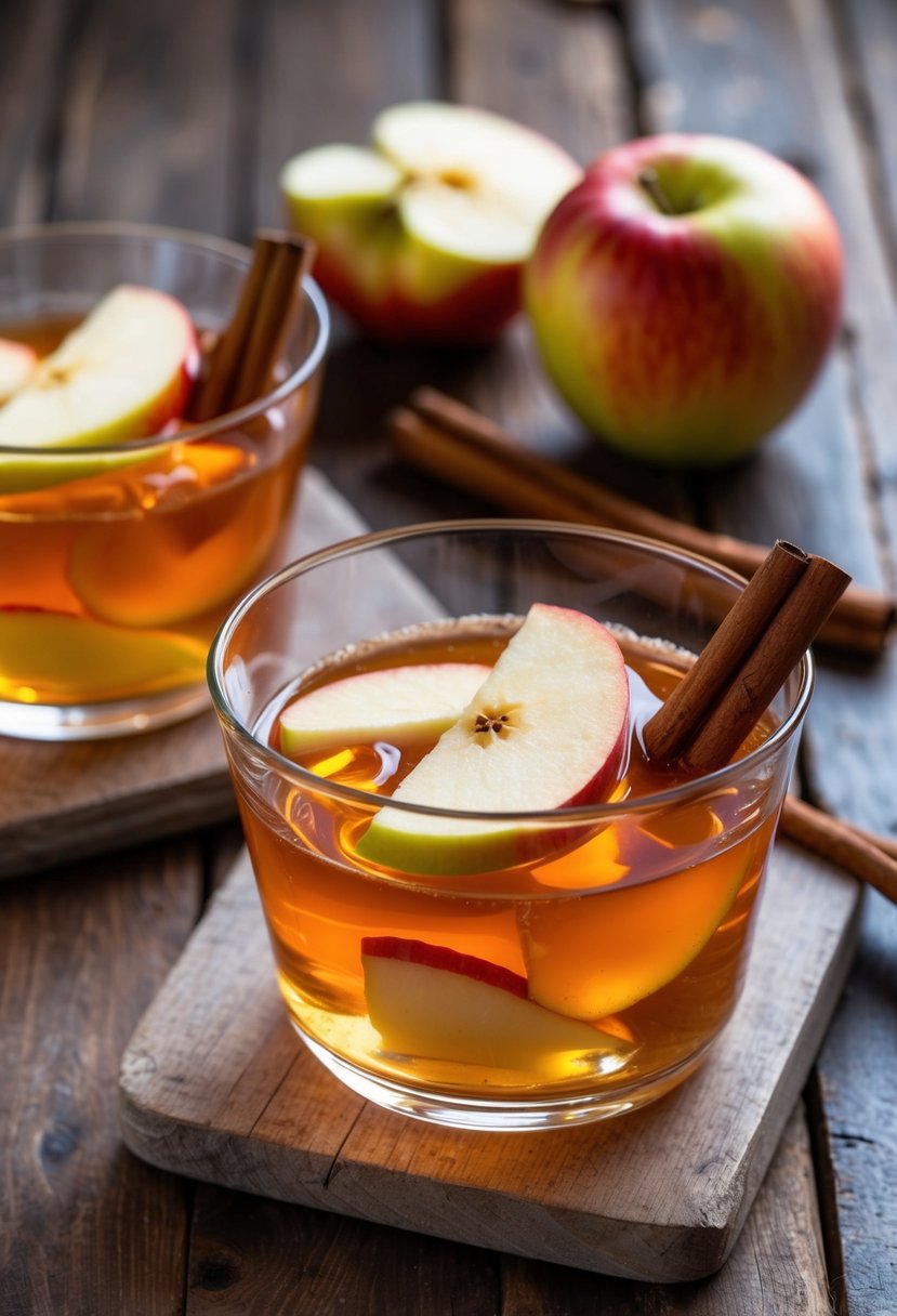 A glass mold filled with apple cider jello, garnished with apple slices and cinnamon sticks, set on a rustic wooden table