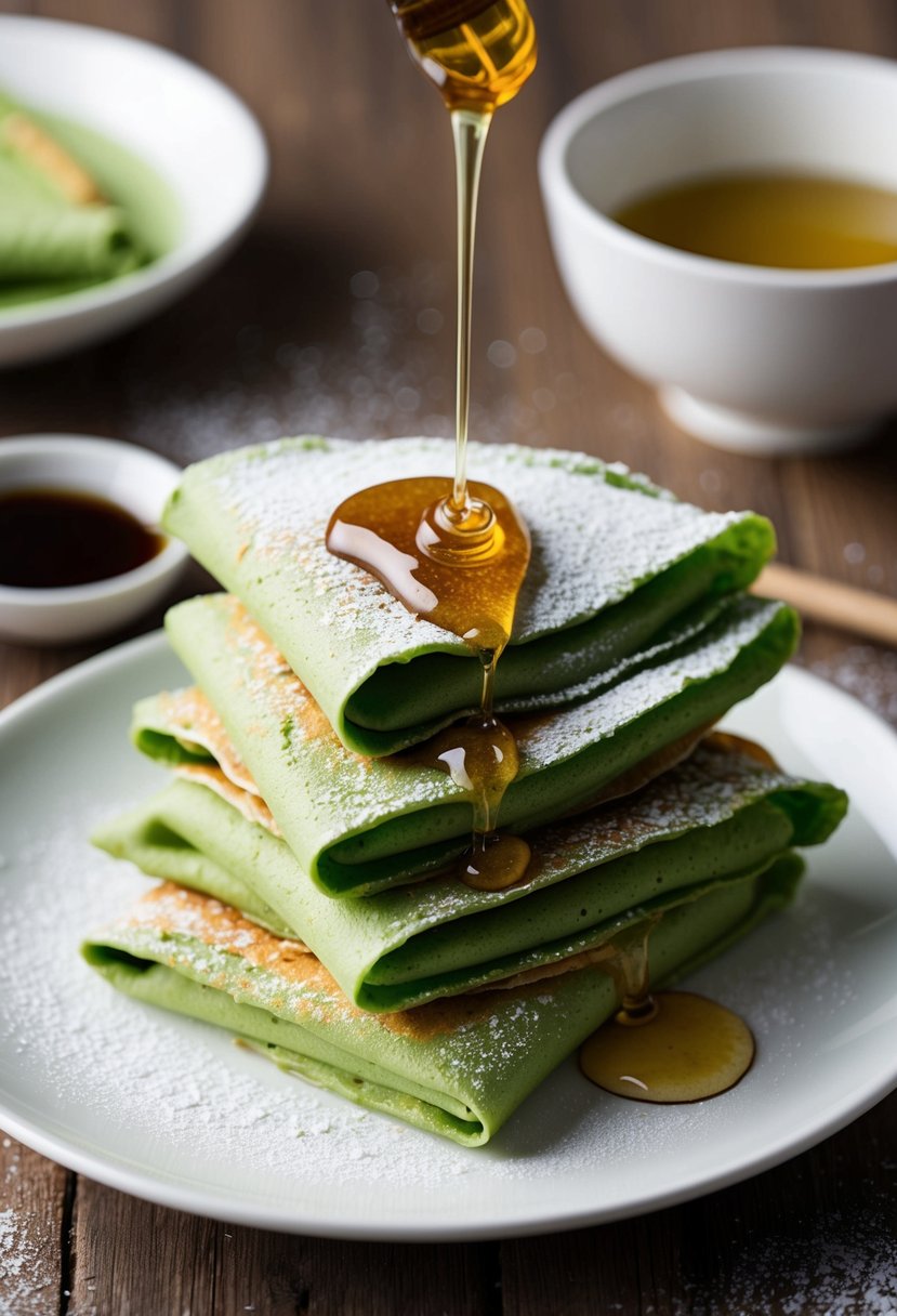 A stack of delicate green matcha crepes with a dusting of powdered sugar and a drizzle of honey, arranged on a white plate