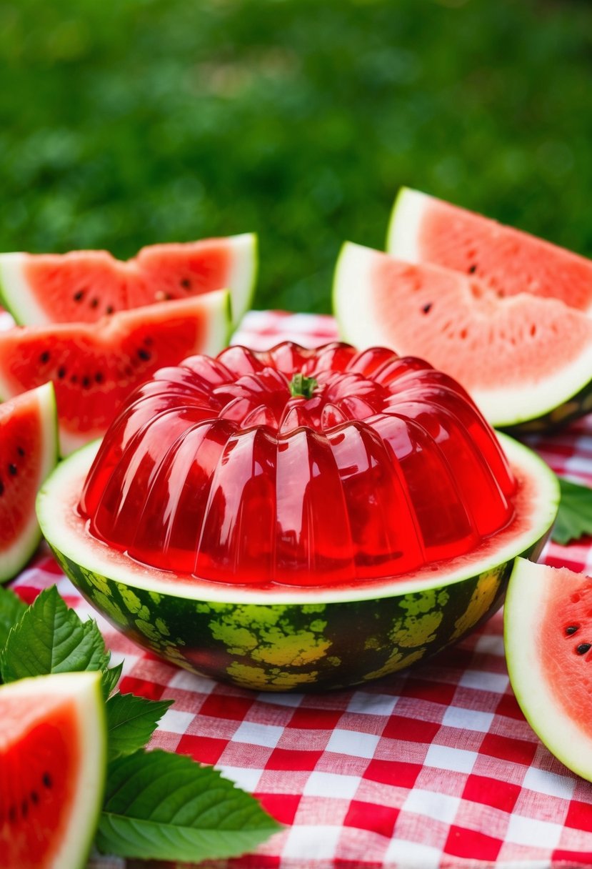 A watermelon jello mold sits on a picnic table, surrounded by fresh slices of watermelon and vibrant green leaves