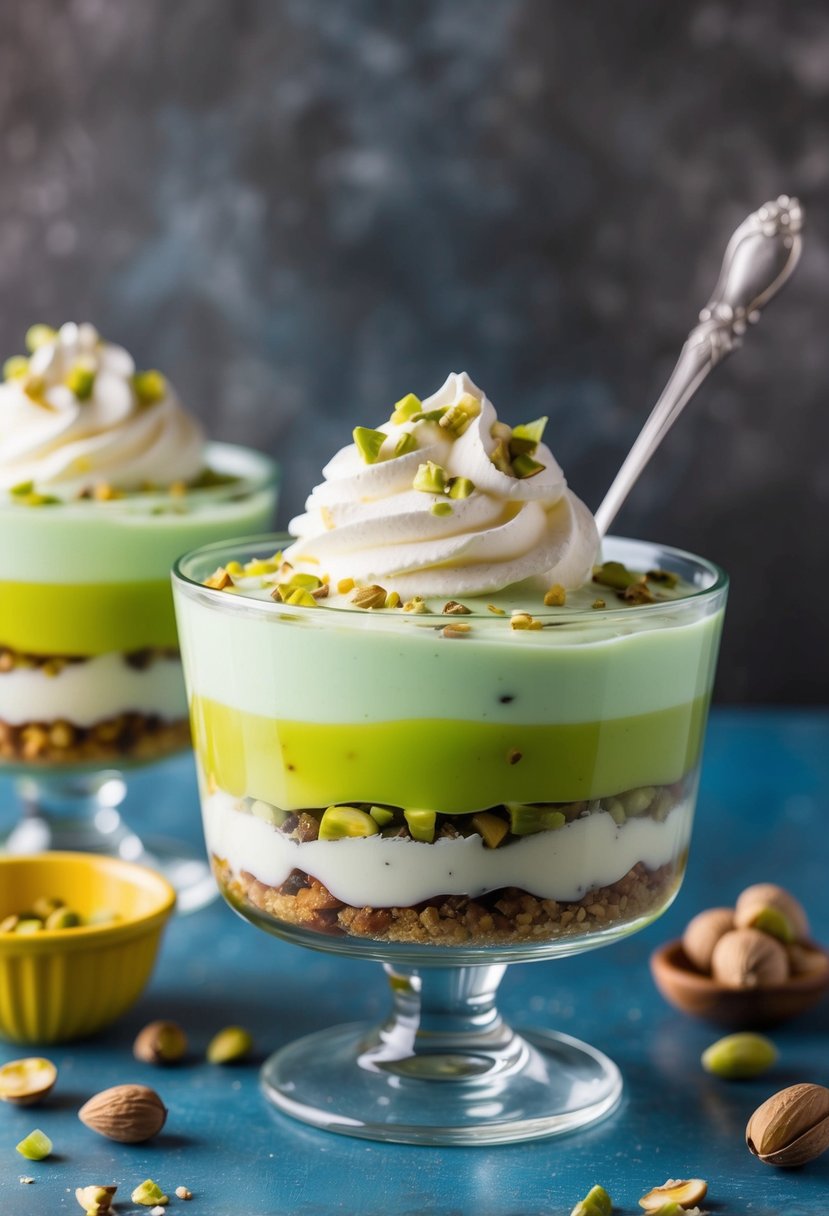 A vintage glass jello mold filled with layers of pistachio pudding and jello, topped with whipped cream and chopped nuts