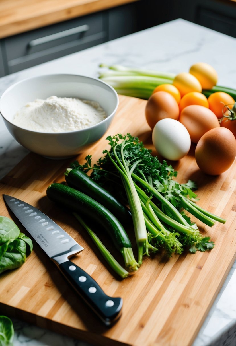 A wooden cutting board with fresh vegetables, a knife, and a bowl of flour and eggs