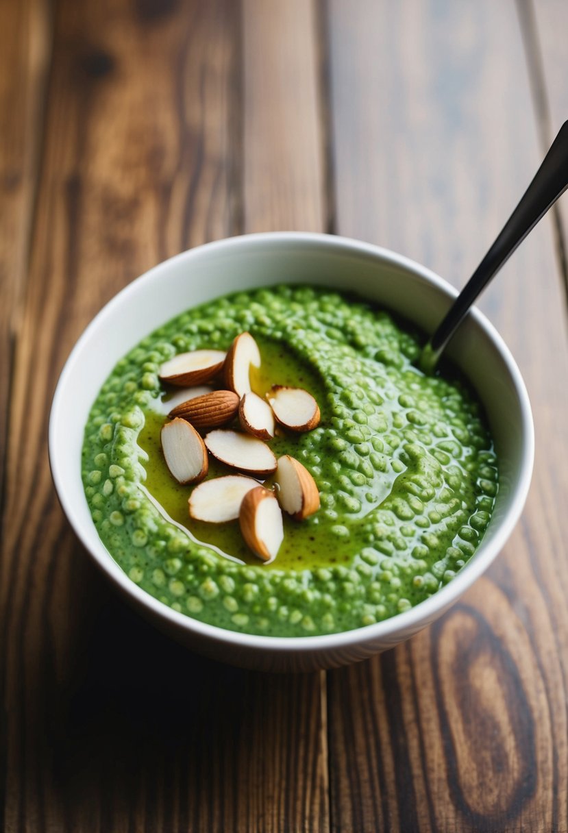 A bowl of thick green Matcha Chia Pudding topped with sliced almonds and a drizzle of honey, set on a wooden table