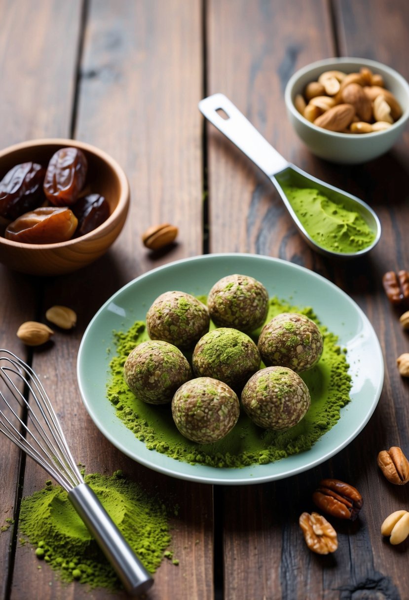 A wooden table with a plate of matcha energy balls surrounded by matcha powder, a whisk, and a bowl of dates and nuts