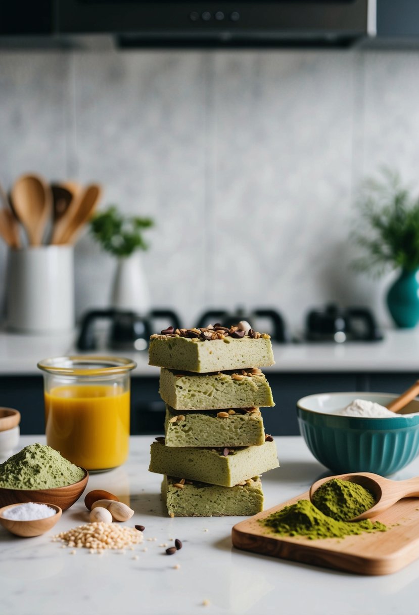 A kitchen counter with ingredients and utensils for making Matcha Protein Bars