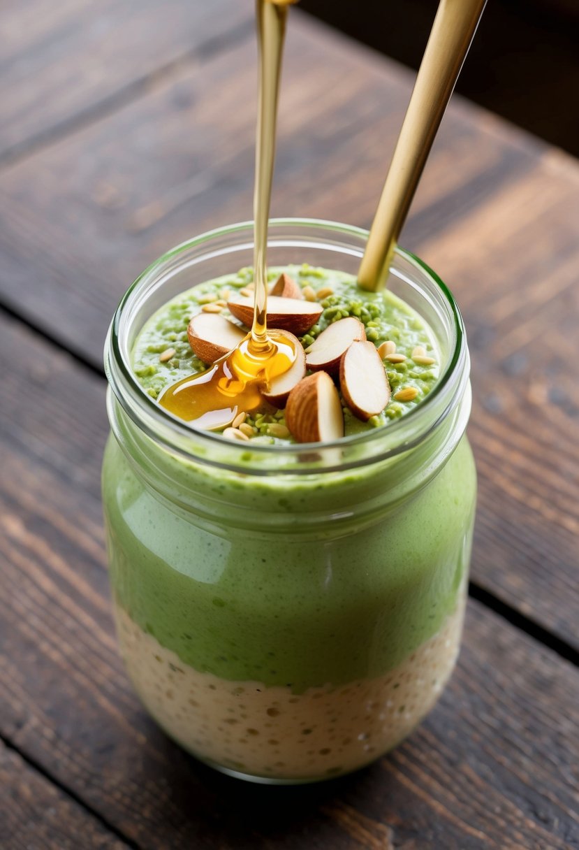 A glass jar filled with creamy green matcha overnight oats, topped with sliced almonds and a drizzle of honey, sitting on a wooden table