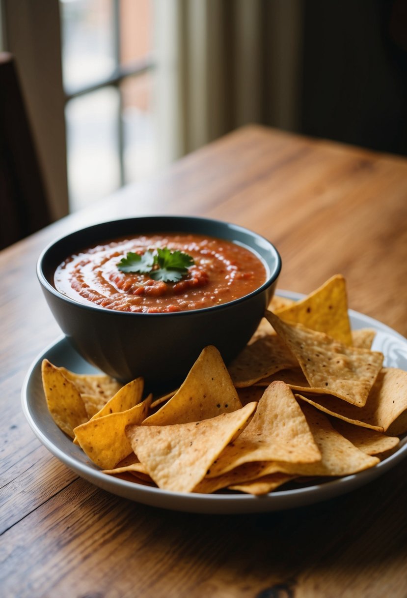 A bowl of salsa and a pile of tortilla chips on a wooden table