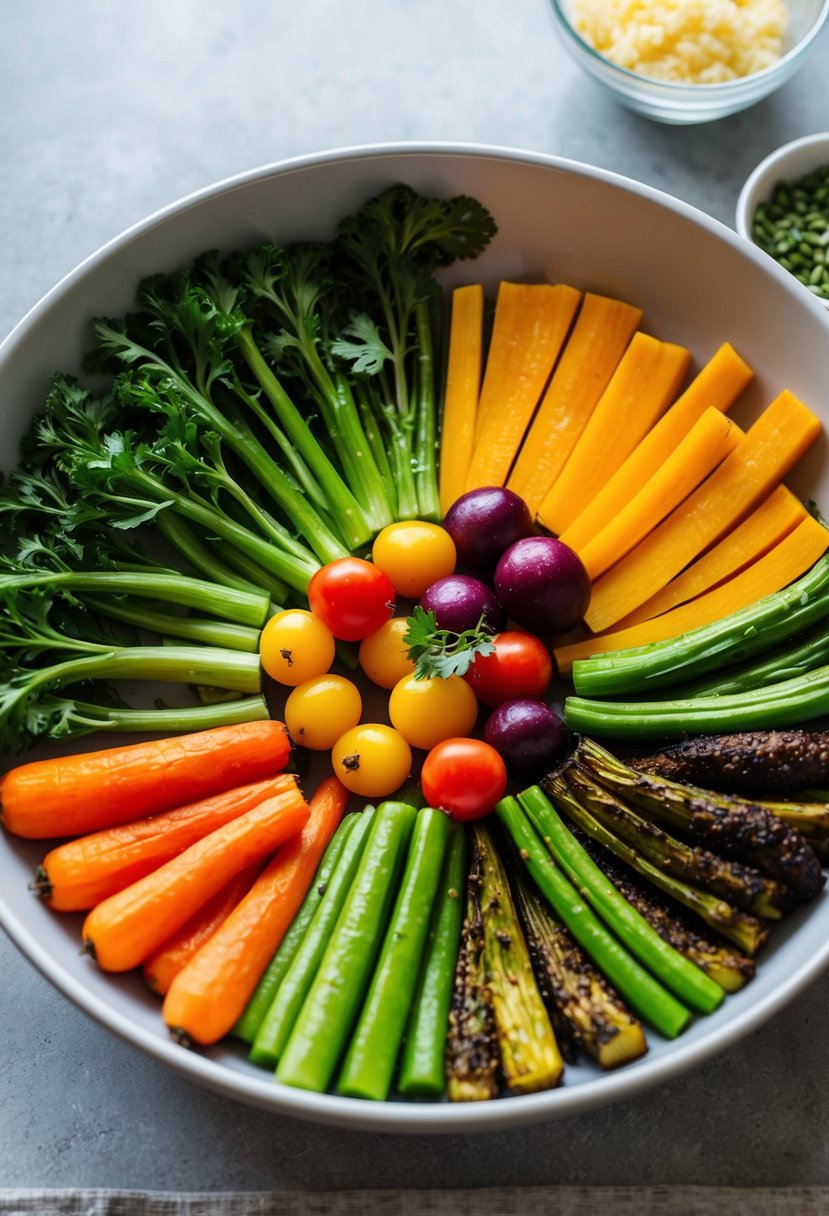 A colorful array of roasted vegetables arranged in a bowl, showcasing the simplicity of the ingredients