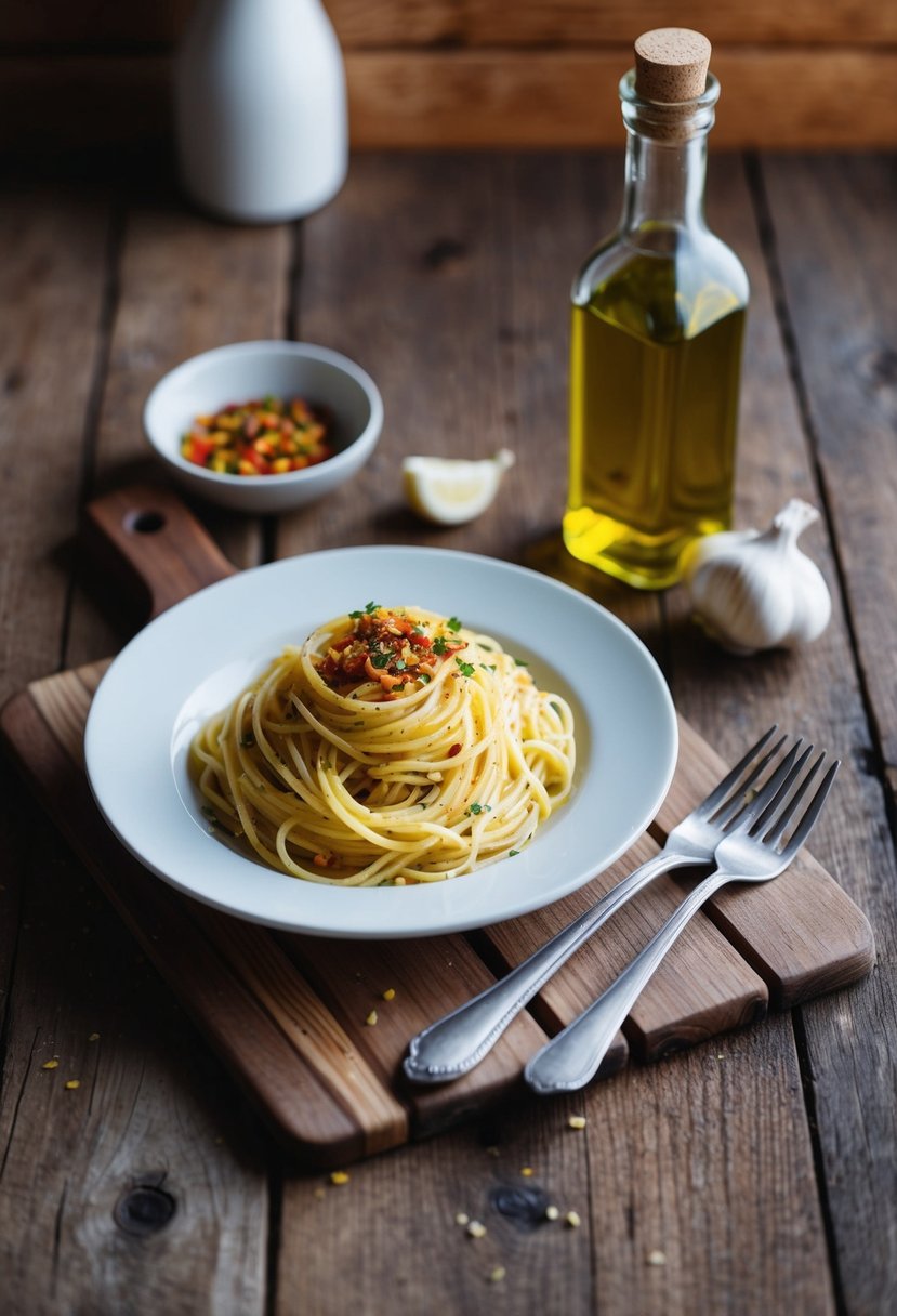 A rustic kitchen with a wooden table set with a plate of spaghetti Aglio e Olio, a bottle of olive oil, garlic cloves, and a sprinkle of red pepper flakes