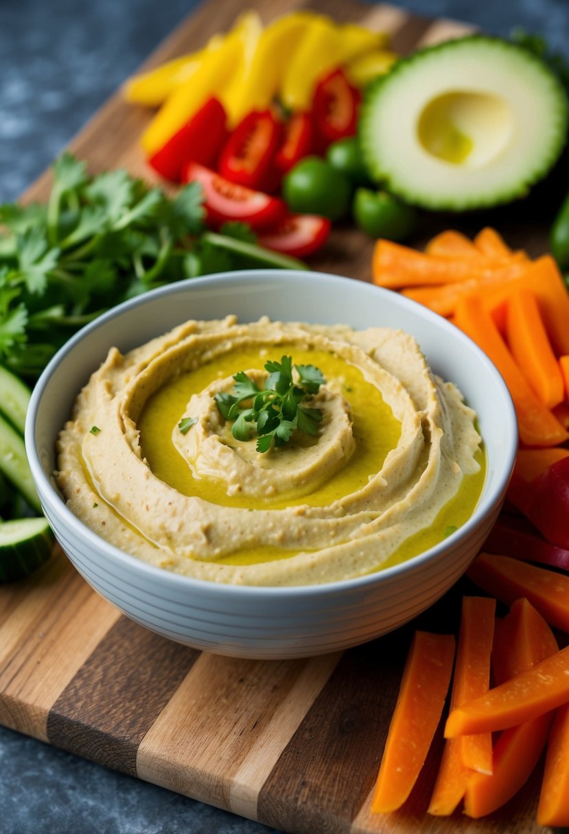 A bowl of creamy hummus surrounded by colorful sliced vegetables on a wooden cutting board