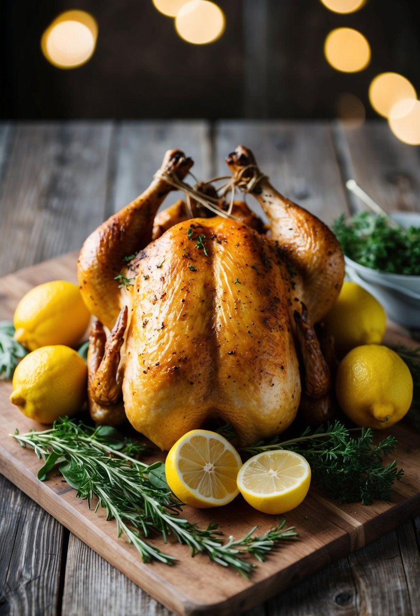 A whole roasted chicken surrounded by fresh lemons and herbs on a rustic wooden cutting board