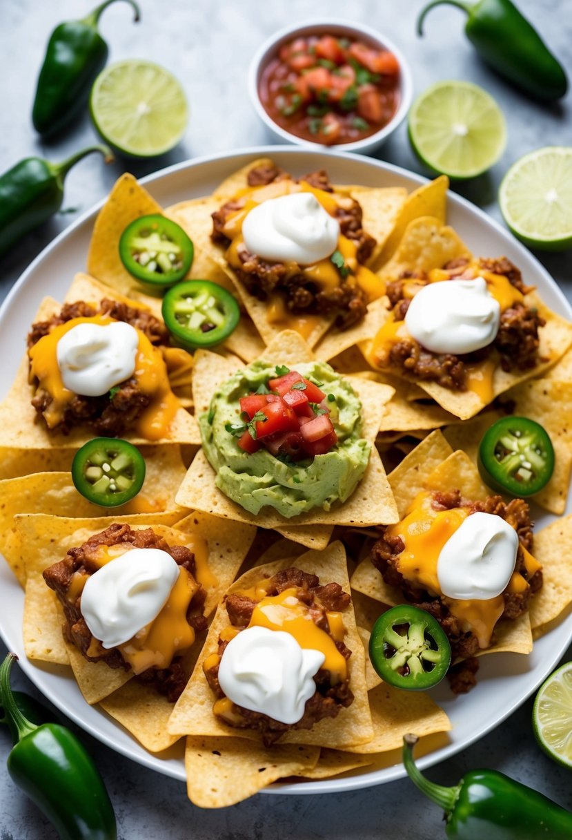 A colorful array of nachos topped with cheese, salsa, guacamole, and sour cream, surrounded by jalapenos and limes